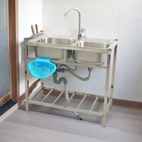 DurableStainless Steel Kitchen Sink with Floor Bracket Double Slot 77x39x75cm Vegetable Basin And Single Slot 47x38x75cm Wash Ba