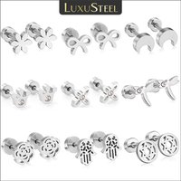 LUXUSTEEL Silver Color Stainless Steel Screw Stud Earrings For Girls Boys Kids Flower Bowknot Dragonfly Hypoallergenic Ear Clips