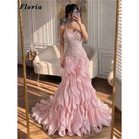 Newest Pink Mermaid Evening Dresses Tiered Skirt Cocktail Beading Prom Dress Vestidos De Gala Engagement Party Gowns Customized