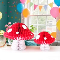 1 Set of 2 Cute Red Honeycomb Mushroom Ornaments for Birthday, Christmas, New Year, Holiday Celebrations, Easter Party Decorations