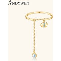 ANDYWEN 925 Sterling Silver Fish Light Blue Zircon Circle Moonstone Adjustable Ring Long Chain Women Fine Wedding Jewelry Gift
