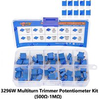 50PCS 10Values 3296W Multiturn Trimmer Potentiometer Kit (500Ī©-1MĪ©) in Box for Precision Circuit Tuning & DIY 500R 2K 200K 1M