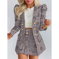Women's Plaid Print Jacket With Mini Skirt Two Piece Sets Spring Autumn Long Sleeve Button Open Blazer Coat & Short Skirts Suit
