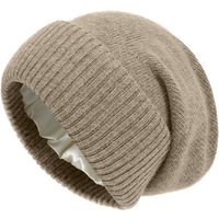 100%Cashmere Beanie Hat for Women's Winter Satin Lined Knitted Solid Skullies Cap Silk Lining Soft Warm Slouchy Bonnet