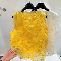 Women's Yellow Lace Embroidery Top Round Neck Sleeveless Casual Loose Fit Blouse