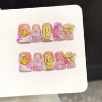 10PCS Duck Handmade Press On Nails,Pink Gold Holy Butterfly,Suitable For Festivals Parties And Daily Wear.