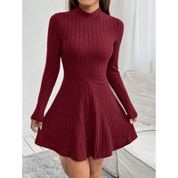 Wine red semi-turtleneck knitted dress for women, long sleeves, slim fit, waist-cinching, flared skirt, autumn and winter slimmi