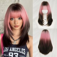 Shoulder Length Straight Black Ombre Pink Wig for Women Synthetic Layered Modest Fashion Wear and Go Wigs with Dark Roots