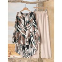 Women's Printed Three-quarter Sleeve Retro Two-piece Suit New Fashion O Neck Top Casual Woman 2 Piece Set Outfit Women Clothes