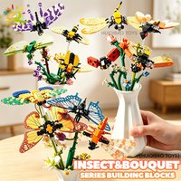HUIQIBAO City Creativity Insect Bouquet Bonsai Building Blocks Potted Plant Flower Bouquet Bricks Model Home Decoration Toy Kid