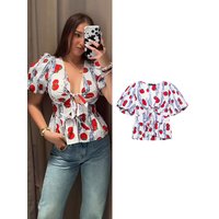TFMLN Women V Neck Short Puff Sleeve Shirt Sweet Print Bow Lace Up Causal Tops 2026 New Fashion Ladies Streetwear Blouse
