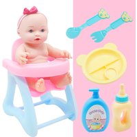 9-Zoll-Babypuppen, realistische Mädchenpuppe mit abnehmbarer Kopfbedeckung, großer Stuhl, Besteck, Shampoo, Milchflasche, 6-teiliges süßes Puppenspielset