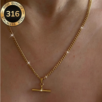 Fashion T-bar Pendant Necklace 18K Gold Color Plated 3MM Figaro Cuban Link Chain Stainless Steel Bar Solid Collier For Women Man