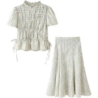 Spring Plaid Embroidered Bow Short Sleeve Blouse Tops and A-line Side Zipper Skirt Women Casual Office Lady Daily Commuting Set