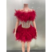 STOCK Sexy Strapless Mesh Crytrals Tops Bodycon Skirts Set 2 Pieces Women Celebrate Nightclub Party Birthday Performance Costume