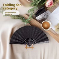 Black lacquered gold silk fabric inscribed fan, chrome steel hand-forged metal, ancient style folding fan