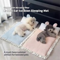 Summer Cooling Pet Bed Mat, Breathable Ice Silk Pad with Cute Ear Pillow for Small Dogs Cats, Non-Slip Washable Sleeping Cushion