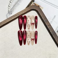 10pcs Charming Red New Year False Nails Handmade DIY Wearable Nails Sticker Cat Eye Snowflake Bow Nail Stickers