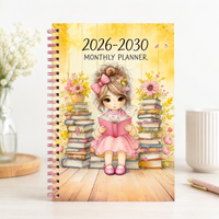 2026-2030 5-Year Monthly Planner, A5 Spiral Notebook with Colorful Girl Reading Cover, Monthly Tabs & Annual Calendar