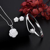 JFine 925 Sterling Silver Charm Flower Necklace Earring Bangle Jewelry for Women Retro Set Wedding Gift TRENDY