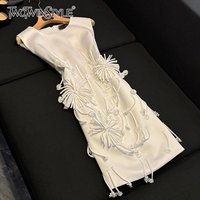 TWOTWINSTYLE Elegant Spliced Appliques Dresses For Women Round Neck Sleeveless High Waiat Designer Dress Female New KDR505063