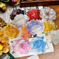 64PCS Big Size PET Flowers Stickers Gold Foil DIY Scrapbooking Sticker Art Collage Junk Journal Decoration Stationery Supplies