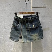 High Waist A-Line Skirt Women's Denim Short Skirt Zipper Slit Design Slimming Half-length Skirts Spring Summer Cotton Po...