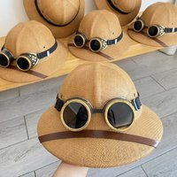 Vintage Steampunk Explorer Safety Helmet with Goggles Sun Protection Straw Equestrian Bowler Hat Cowboy Hat for Men Women