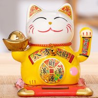 Solar Powered Lucky Cat Statue Ceramic Waving Arm Fortune Cat Ornament for Car Dashboard Home Office Store Wealth Decor