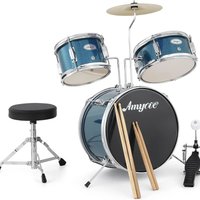 3-Piece Junior Drum Set for Beginners, Complete Kit with Cymbals, Throne Stool & Pedal, Wood & Metal Construction, Acoustic Drum