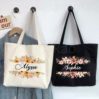 Personalized Floral with Name Tote Bag Women Canvas Shopping Bag Handbags Monogram Shoulder Bags Birthday Wedding Gift for Her