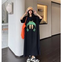 Summer New Korean Style Cute Print Midi Short Sleeve Dress Loose Versatile Ins Style Dress Polyester Fiber Straight Cut Dress