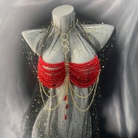 Multi-layer Red Crystal Beaded Bra Chain Camis Crop Tops Metal Halter Vest Tank Sexy Dance Show Party Beading Body Chain Jewelry