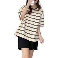 Women Pajamas Summer Two Pieces Sets O-neck Short Sleeve Shorts Pant Homewear with Big Size Chest Pad Thin Loose Striped Cute