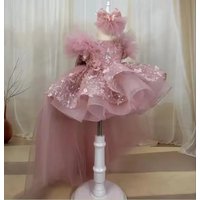 Customized Pink Flower Girls Dresses For Wedding Applique Bow With Trailing Lilttle Birthday Pageant Party Communion Gown