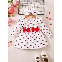 Girls Valentine's Day Spring Autumn Casual Heart Print Long Sleeve Dress with Headscarf Baby Girl Clothing Set