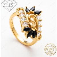 Elegant 925 Sterling Silver 18K Gold Plated Exquisite Black Leaf Zircon Women's Ring Fashion Wedding Party Jewelry