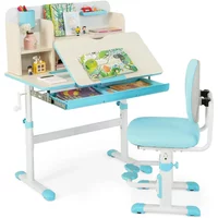 A Kids Desk and Chair Set,Height Adjustable Children School Study Table and Chair Set w/Tilt Desktop,Storage Drawer Hutch