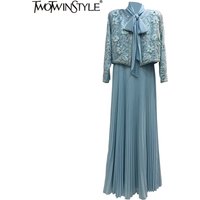 TWOTWINSTYLE Hit Color Two Piece Set For Women O Neck Long Sleeve Coat Spliced Lace Up Sleeveless High Waist Dress Sets Female
