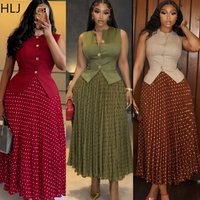 HLJ Elegant Black Vest and Polka Dot Skirt Two Piece Set Gold Button Sleeveless Top + Pleated Skirt Female Streetwear Vestidos