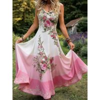 Summer New U-Neck Women's Vintage Elegant Color-Block Lavender Floral Print Sleeveless Maxi Dress