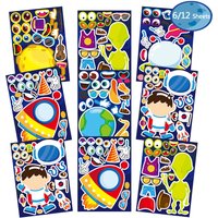 6/12Sheets Outer Space Astronaut Puzzle Stickers Kids Make a Face Cartoon Decals Toys Funny Assemble Jigsaw Children Party Games