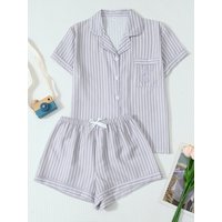 Two-Piece Comfortable Gray and White Striped Set with Embroidered Heart Print, Turn-Down Collar, Buttoned Short-Sleeve Top with Pockets, and Bow Shorts, Spring and Summer Women's Pajama Loungewear Set