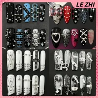 Spice Girl Punk Handmade Duckbill Long Coffin Reusable Press On Nails Y2K Metal Rivets Steel Ball Diamond Flowers Bow Fake Nails