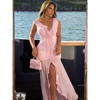 JULISSA MO Sexy Deep V-neck Ruffles Maxi Dress Women Pink Backless High Slit Ruched Dress Summer Slim Elegant Holiday Beachwear