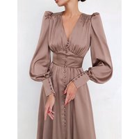 Elegant Satin Dress Spring Clothing Women 2026 Puff Sleeve Single Breasted Maxi Long Dresses OL Style Commuting A-Line Dress
