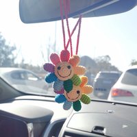 Kawaii Smiley Waffle Flower Car Mirror Hanging Accessories Handmade Crochet DIY Decor Interior Cute Ornamentos