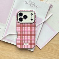 Cute Pink Check Faux Leather Plaid Pattern Large Window Protective Phone Case Suitable for iPhone 17 Pro 16 15 13 14 Pro Max