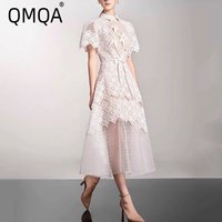 QMQA Fashion Women's Evening Dress Lapel Short Sleeve Lace Patchwork 3D Flower Lace-up Elegant Dresses Spring 2025 New QM269