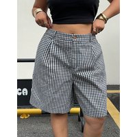 Ladies plus Size Spring Simple Casual Black White Plaid Shorts Wide Leg Pants Trousers for Women